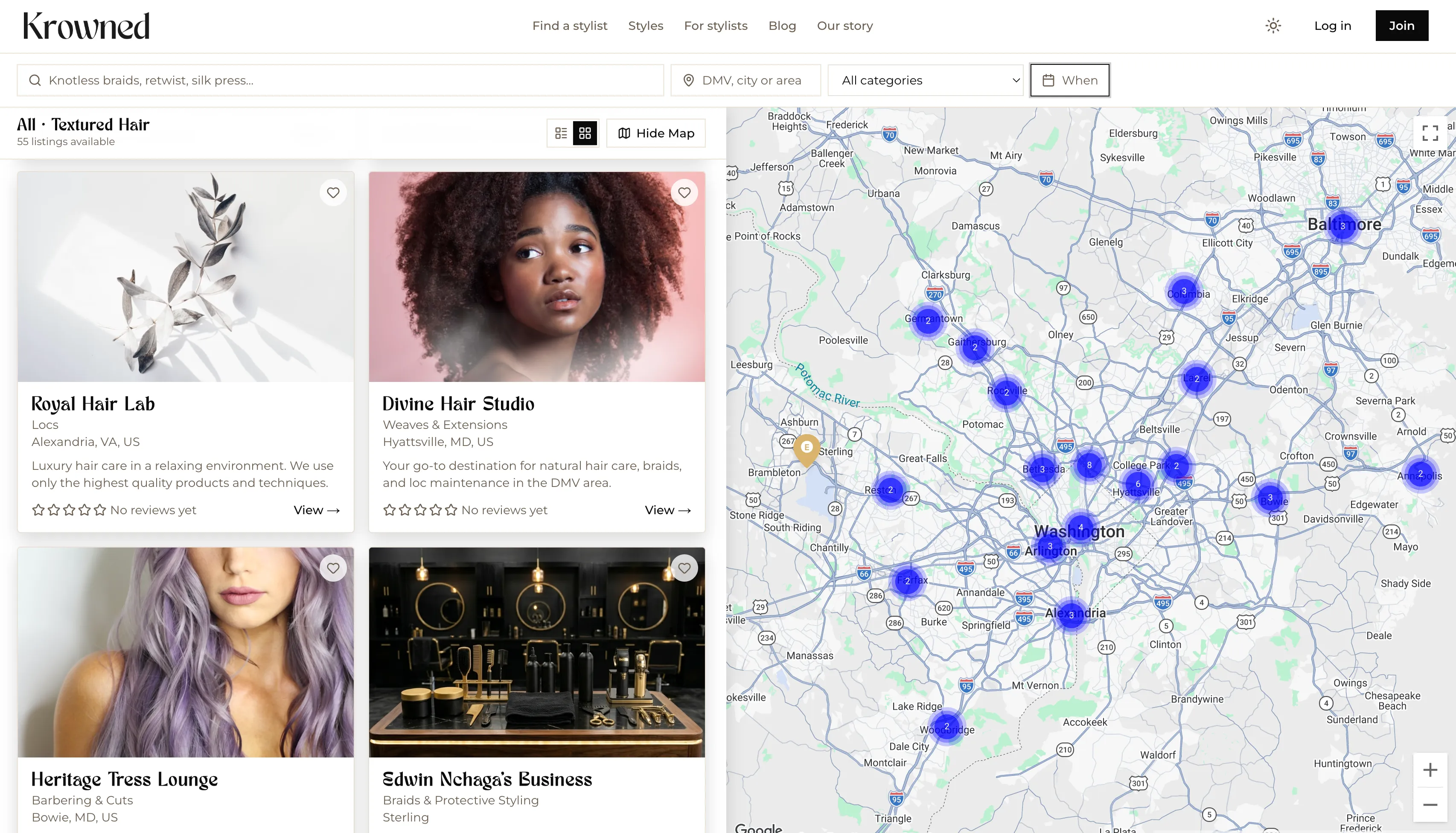 Krowned stylist directory — browse business cards with cover photos, ratings, and an interactive map of stylists across the DMV
