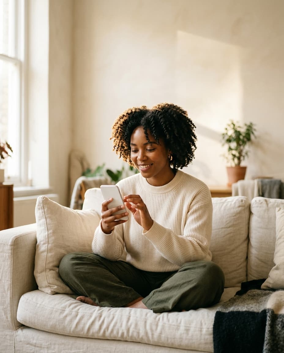 Client browsing textured-hair stylists on her phone
