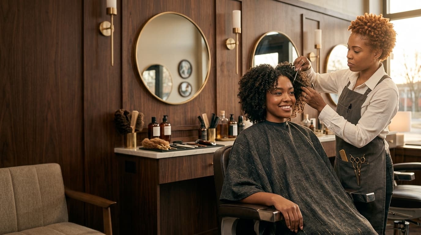 Client getting her textured hair styled at a Krowned salon