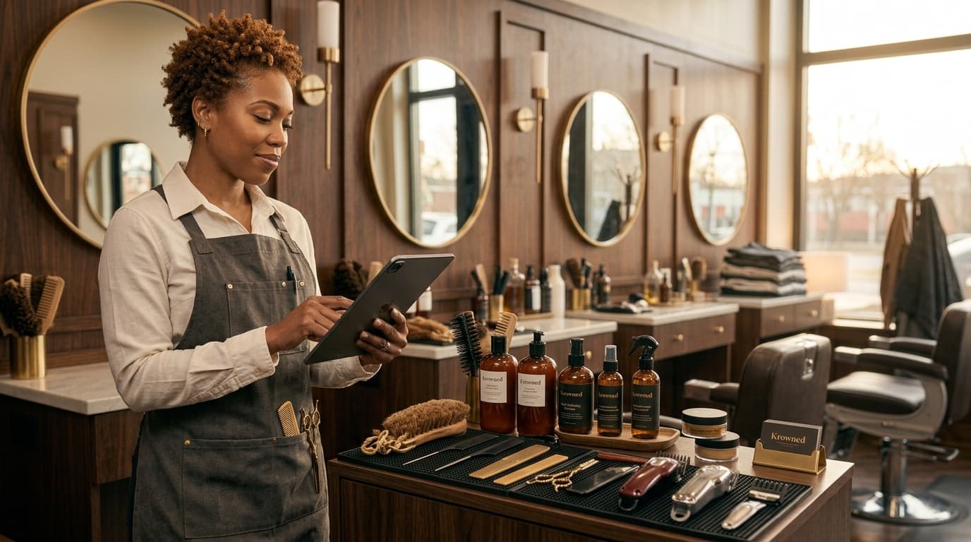 Stylist managing her bookings on a tablet at a Krowned salon