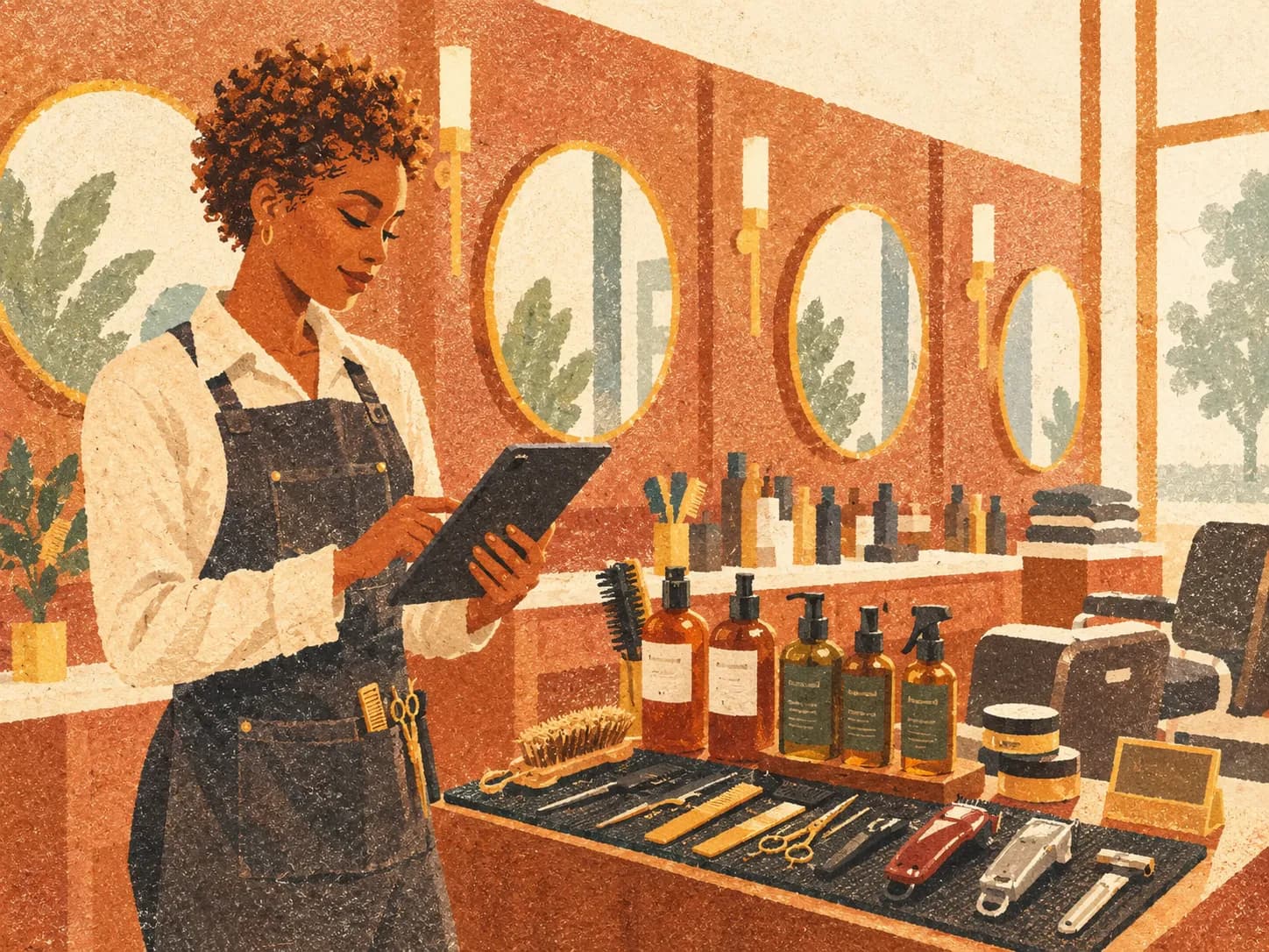 Stylist managing her bookings on a tablet at a Krowned salon